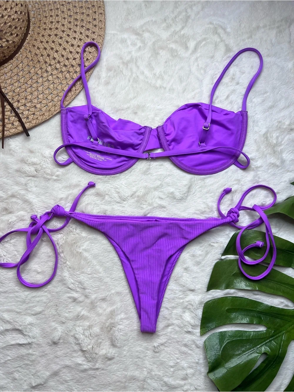 Frankies Bikinis Purple Underwire Bikini Set Ribbed Tie Side Bottoms Large